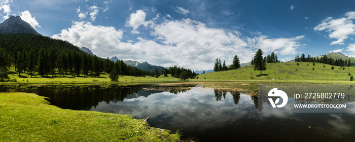 瑞士的黑水山湖全景，绿色田野和森林景观