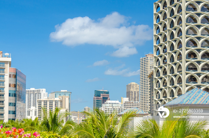 Palm trees and building tops in Honolulu, Hawaii, USA. Tropical city vacation background.