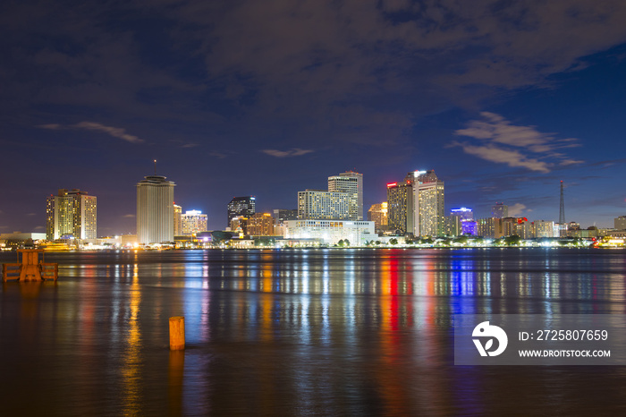 New Orleans skyline at twilight on Mississippi River in New Orleans, Louisiana, USA.