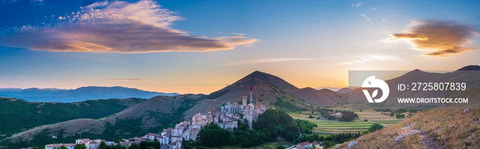 Sunset over medieval village perched on hill top, Santo Stefano di Sessanio, Abruzzo, Italy. Romanti
