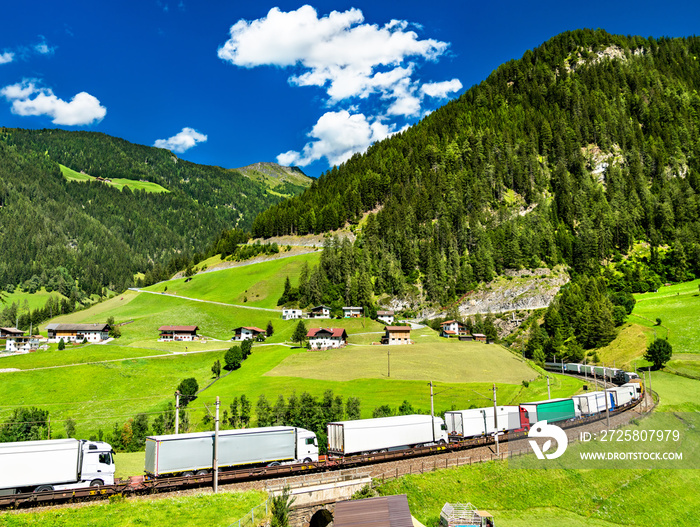 Trucks crossing the Alps by rail at the Brenner Pass in Austria