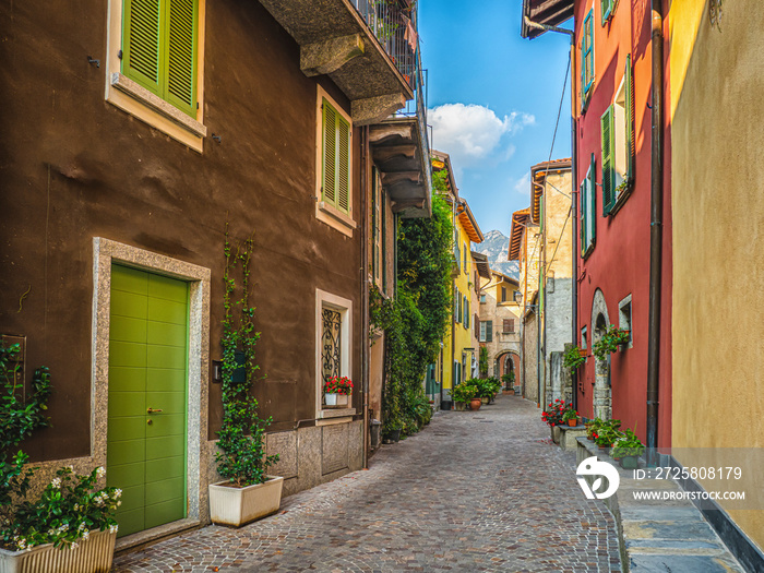 Wonderful glimpse of a colorful alley in the town of Mandello sul Lario, on Lake Como