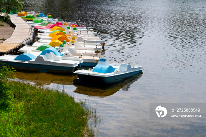 Parking catamarans on the city beach in summer. The river bank. boat rental.