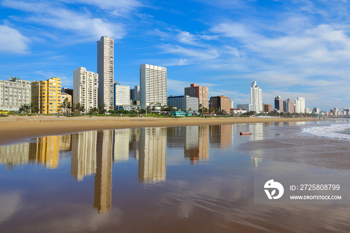 Reflection of Durban  Golden Mile  beachfront in the Indian Ocean, KwaZulu-Natal province of South A