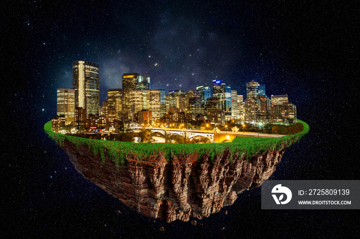 Fantasy Floating Island of Calgary City at Night