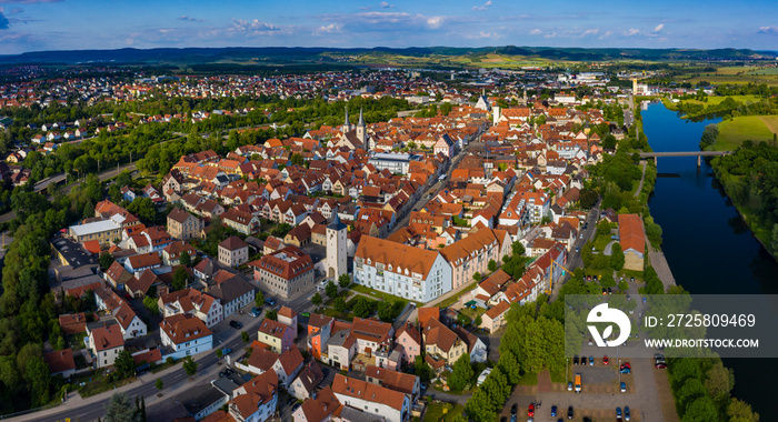 Aeriel view of the city Haßfurt in Germany on a sunny spring day afternoon.	