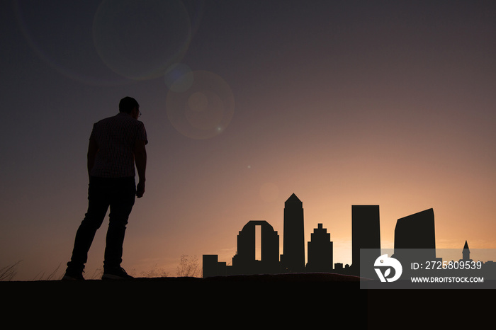 Traveler in front of jacksonville city skyline