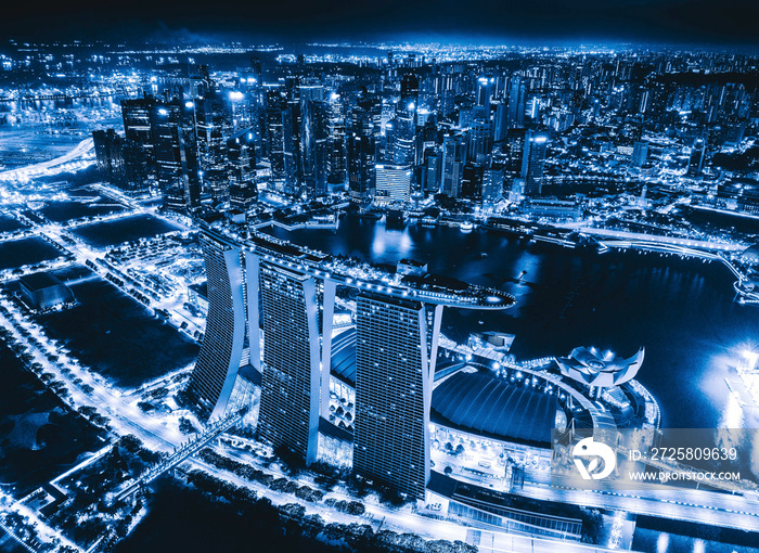 Aerial view of Downtown Singapore city in Marina Bay area. Financial district and skyscraper buildin