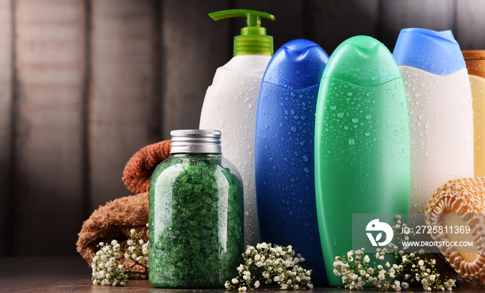 Plastic bottles of body care and beauty products