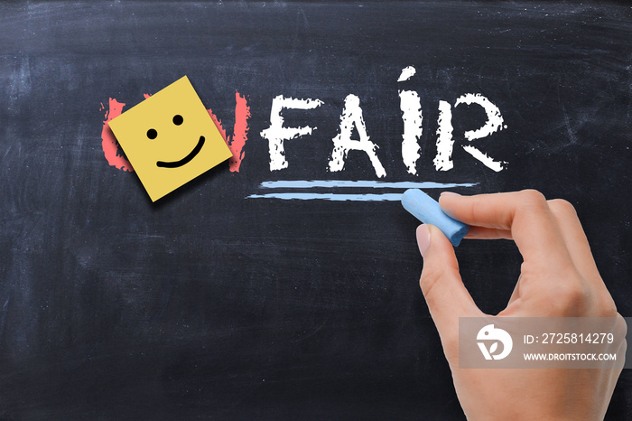 Woman transforming the word “unfair” to the word “fair” on blackboard