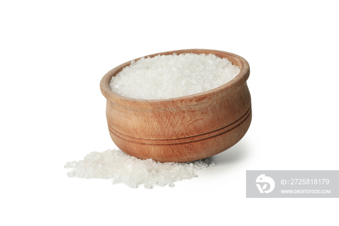 Wooden bowl with salt isolated on white background