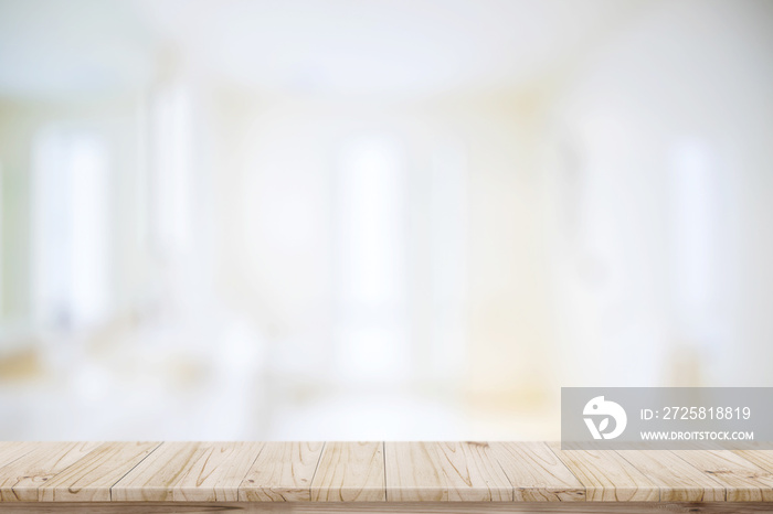 Empty top wood table and blurred bath room background.