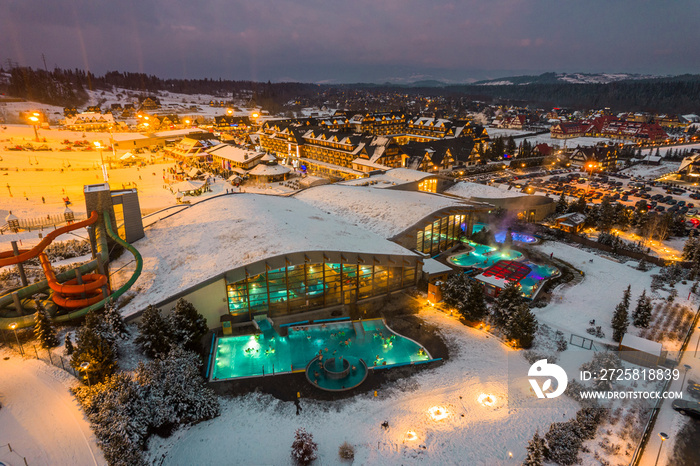 Bania Thermal Bath in Bialka, Zakopane Poland. Drone View at Winter Evening