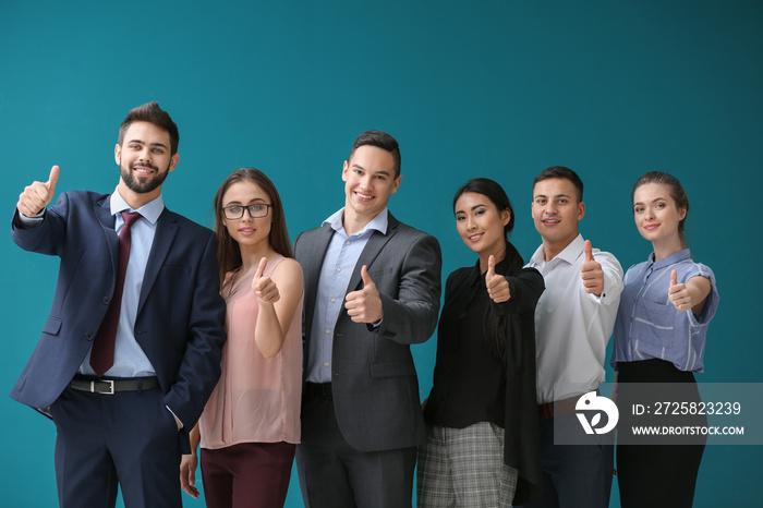 Team of young people on color background