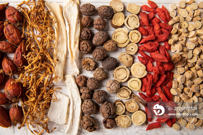 Flat lay of Chinese herbal medicines on the table