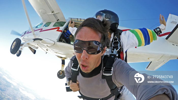 Self portrait skydiving tandem jump from the plane