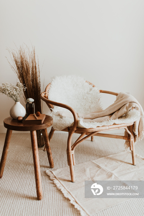 室内实物模型，配有柳条藤扶手椅、柔软的米色毯子、白色毛皮和带有natura的花瓶