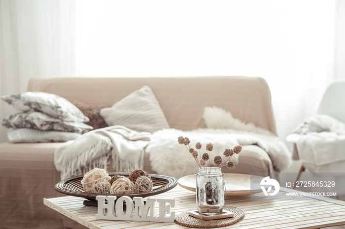 Cozy bright living room with sofa and pillows.