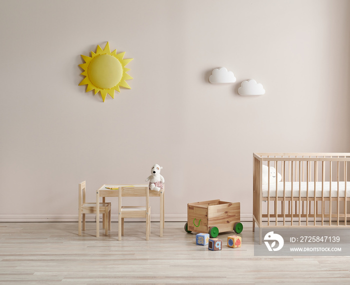 Decorative baby room style with wooden crib, bed, toys and cabinet style.