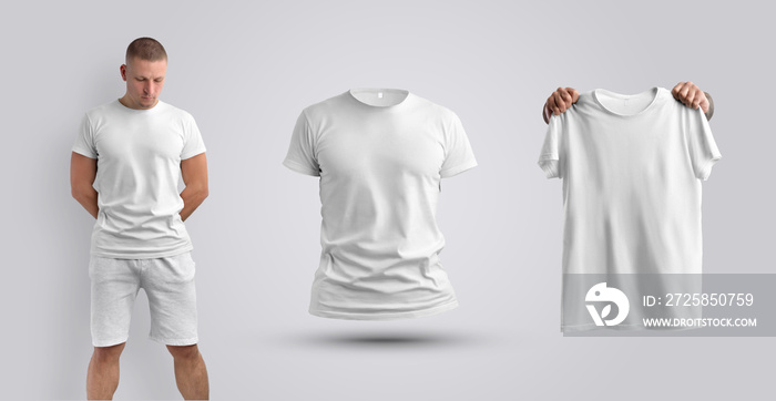 一套三件白色T恤实物模型，一个男人身上，3d，在他手里。