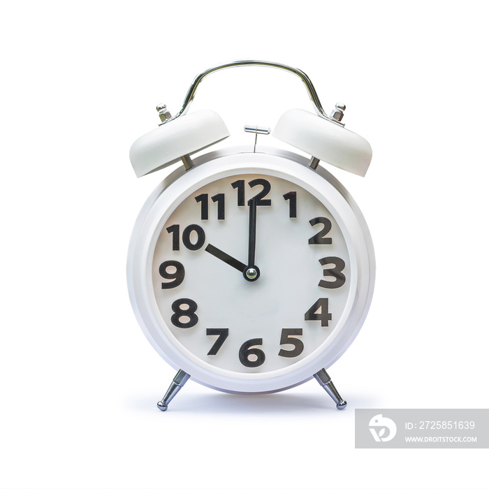 White alarm clock at 10 ten oclock isolated on white background (clipping path):