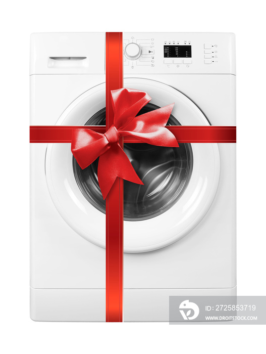家用电器-前视图洗衣机礼品系红色蝴蝶结。隔离