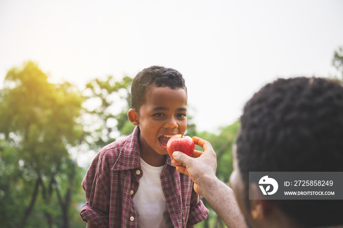 父亲给儿子一个红苹果，美国黑人父亲给儿子递了一个苹果，幸福家庭