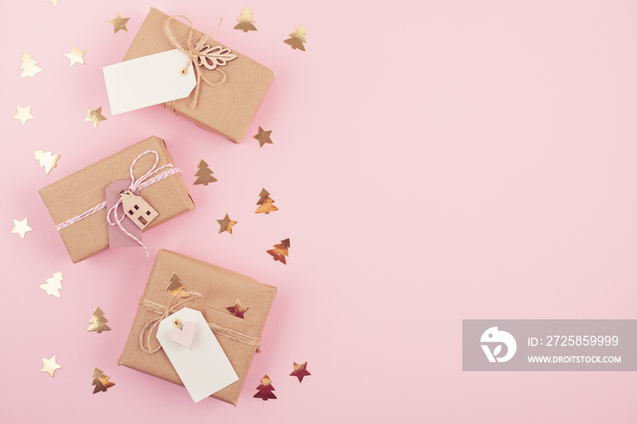 Flat lay of morden minimalist Christmas gifts and decoration in pastel colors