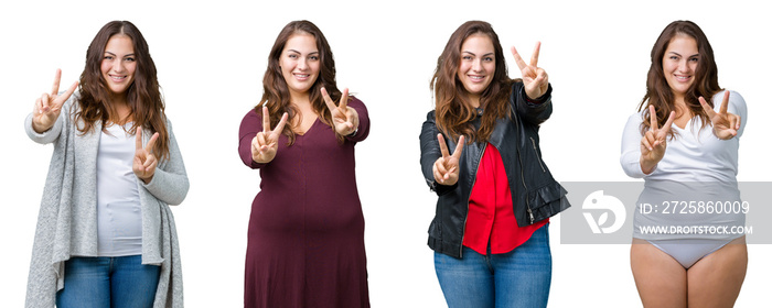 Collage of beautiful plus size woman over isolated background smiling looking to the camera showing 