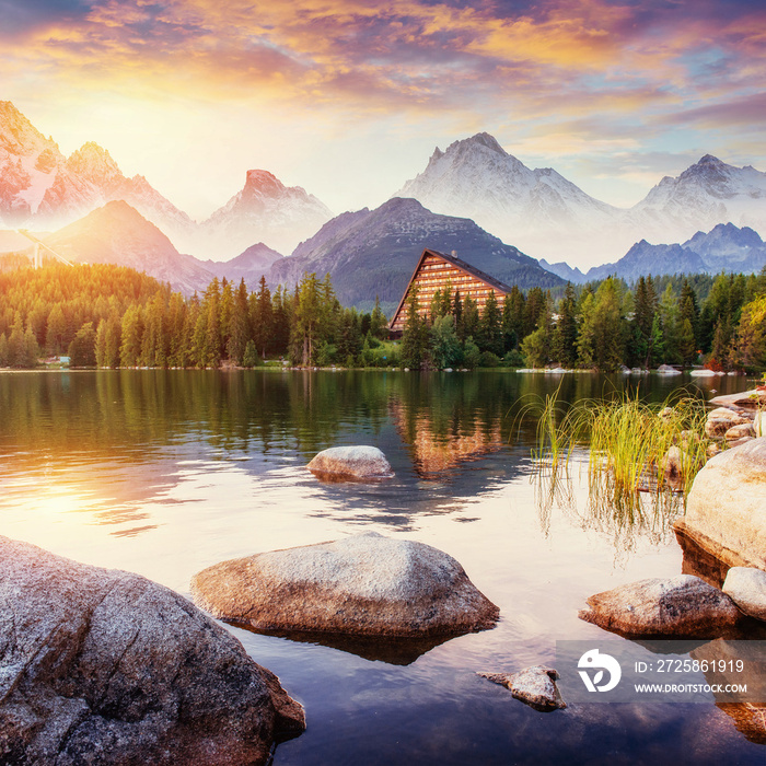 Lake Strbske pleso in High Tatras mountain, Slovakia, Europe.