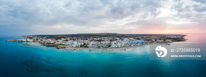 Aerial drone shot of Protaras city at sunset