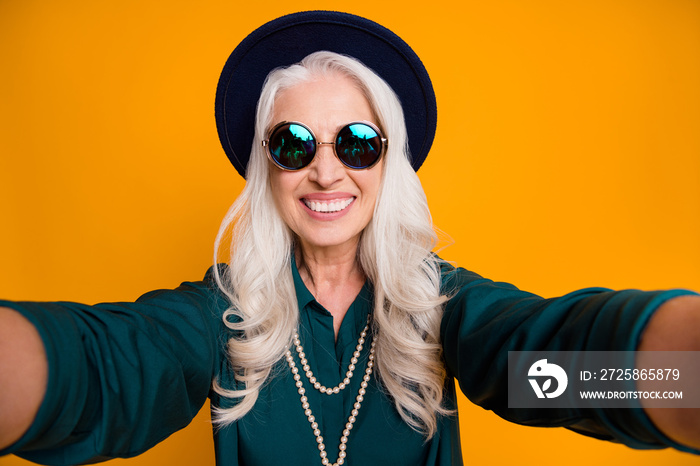 Closeup photo of cool crazy granny lady making selfies feel young inside toothy smiling wear green s