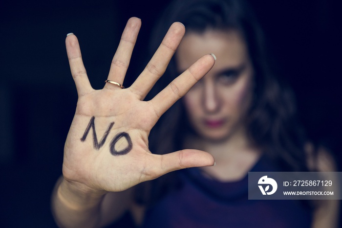 Closeup of woman hand written with no word on palm