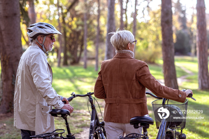 Senior couple with bycicles and helmets in park