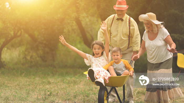 Grandma And Grandpa Are Pushing Their Grandchildren In A Wheelbarrow