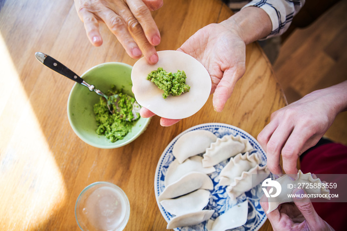 Senior mother with adult daughter preparing dumplings