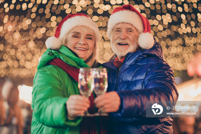 Photo of two people retired friends man woman meeting hold wineglass drink champagne spend season co