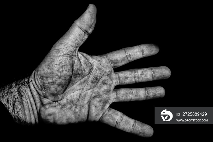 old farmer retired man hand isolated on black