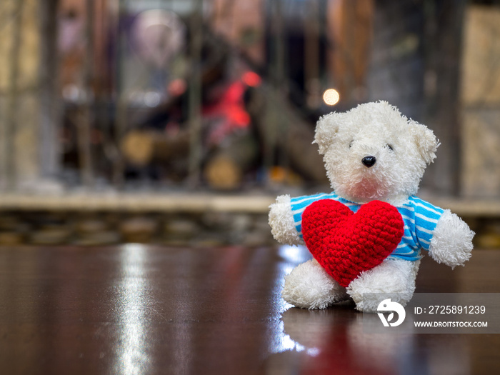 White teddy bear wearing blue shirt Hold red heart and sitting on the wood table in front of the fir