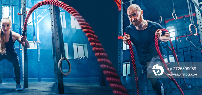 在健身馆锻炼时用战斗绳拼贴男女。健身房，运动，绳索，t