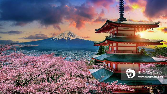 春天的樱花，日本的Chureito宝塔和富士山。