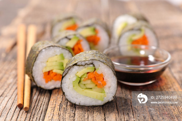 maki sushi with rice and vegetable and sauce