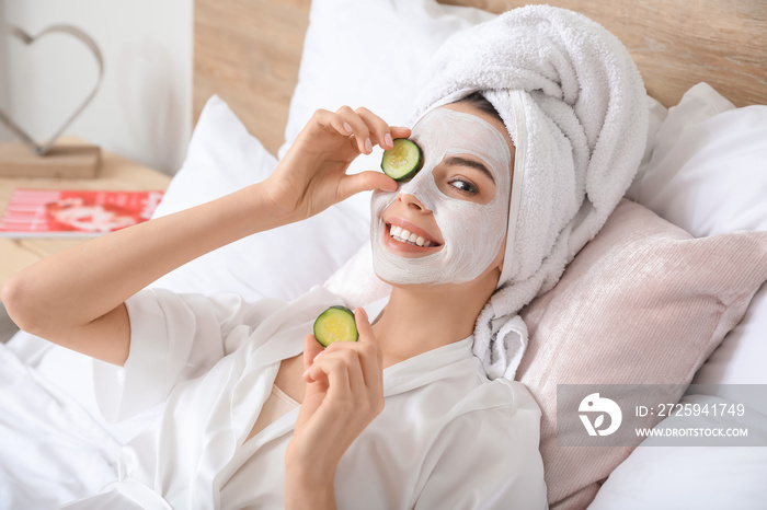 Morning of beautiful young woman taking care of her skin at home