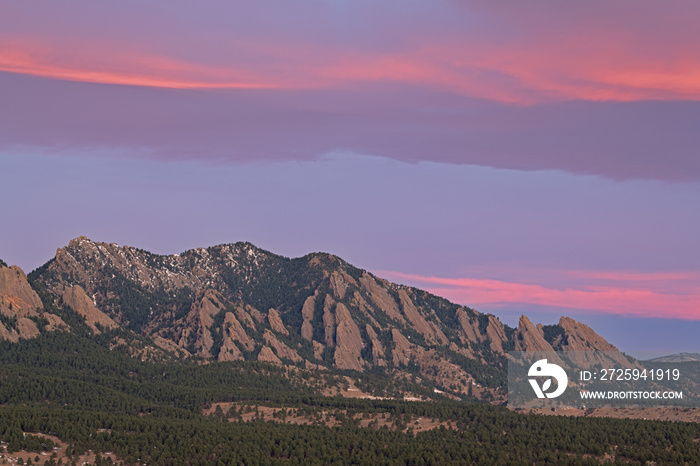 Winter landscape of the Flatirons at dawn, Front Range, Rocky Mountains, Boulder, Colorado, USA