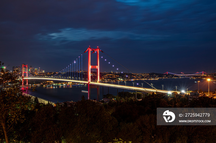 Bosphorus bridge in Istanbul Turkey - connecting Asia and Europe. Evening, long exposure.