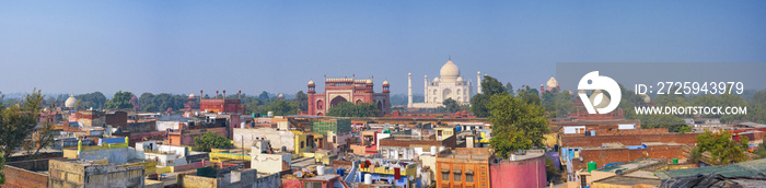 Panoramic view of Taj Mahal in the Indian city of Agra, Uttar Pradesh, India.