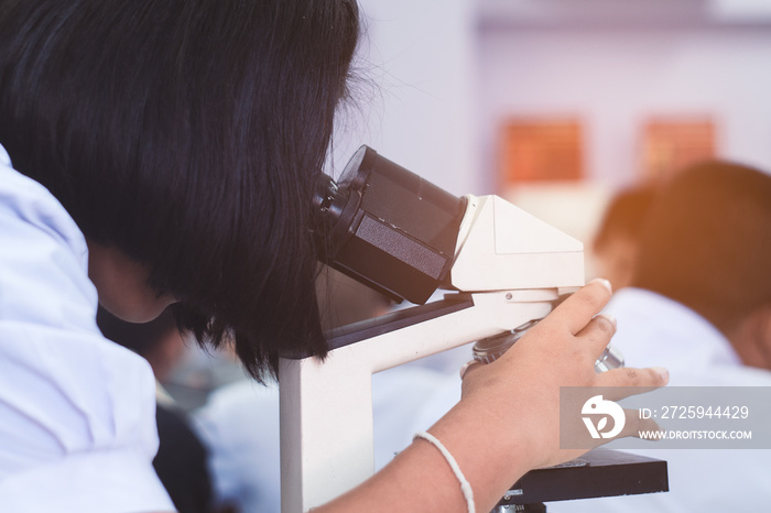 Asian uniform Student looking Microscope In Science Class