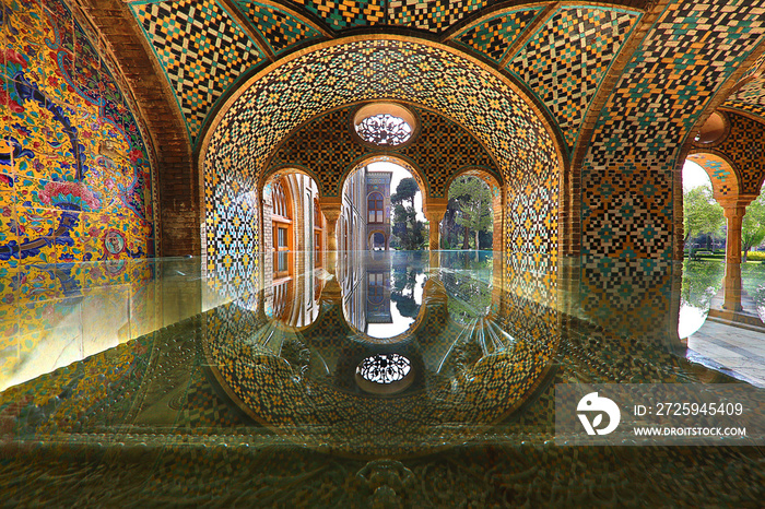 Reflection of the arch over the glass case, in the gazebo of the Golestan Palace, in Tehran, Iran. G