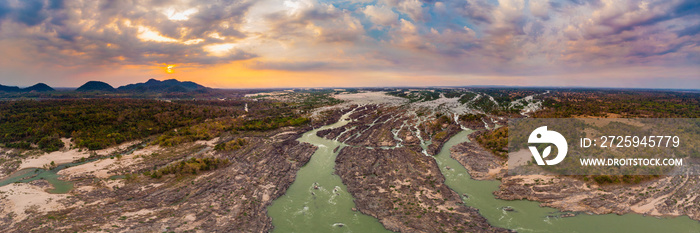 Aerial panoramic 4000 islands Mekong River in Laos, sunset dramatic sky, Li Phi waterfalls, famous t