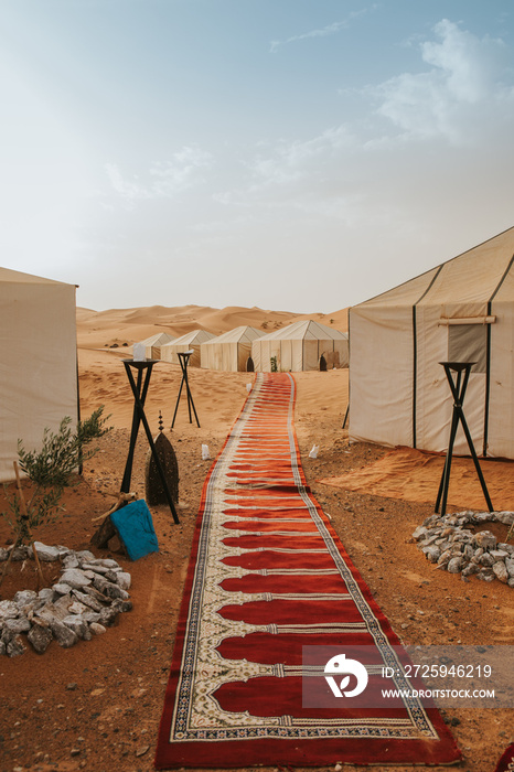 Beautiful desert camp and carpet forming a corridor with tents in the background.